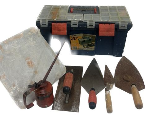Tool box with contents, sockets, building tools, trowels etc