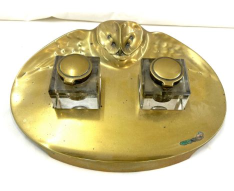 Vintage brass novelty owl double ink well 1 inches wide 8 inches depth 3 inches tall 