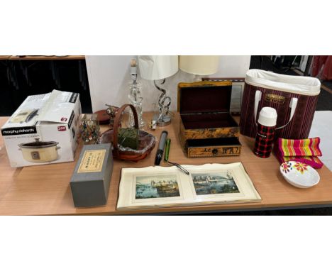 Large selection of vintage and later miscellaneous includes Thermosbag, Morphy richards cream slow cooker, lamps