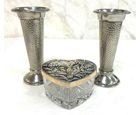 Pair of Hutton and Sheffield English pewter posy vases and a Vintage Royal Brierley etched glass trinket with silver plated t