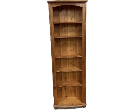 Five shelf pine bookcase measures approximately 72 inches tall x 22.5 wide by 9 deep 