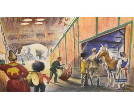 After Russell Sidney Reeve (1895-1970), coloured lithographic print 'The Elephant Act, printed in England at The Baynard Pres
