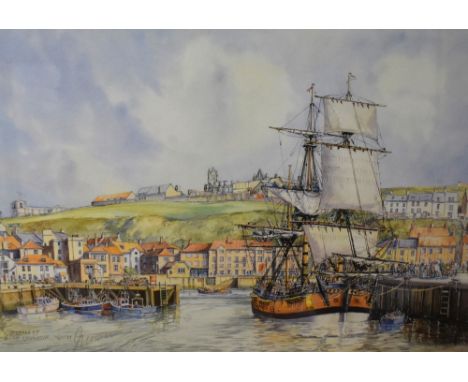 After George Weatherill (1810-1890, British), coloured print, 'View Across Whitby Harbour', framed, mounted, and under glass,