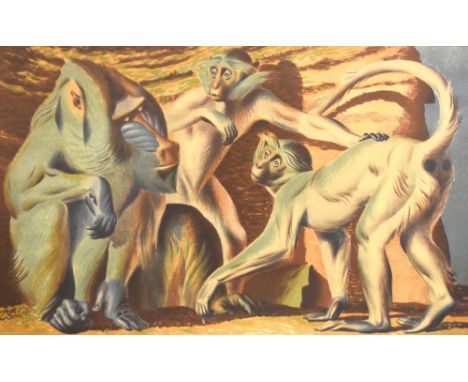 After Hans Feibusch (German 1898-1998) Mandrill And Mangabeys, coloured lithographic print, printed in England at The Baynard
