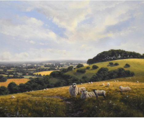 David Morgan (b.1947, British), oil on canvas, An attractive pastoral landscape with sheep grazing on a hillside, signed to t