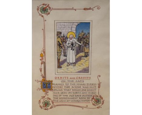 Artist unknown, a nicely hand-drawn, coloured and illuminated book page, c1920/30, from Debits and Credits 'On The Gate' by R