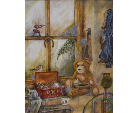 Kevin Hockaday (Contemporary, British), acrylic on canvas, A nostalgic scene depicting a teddy bear on a window sill, signed 