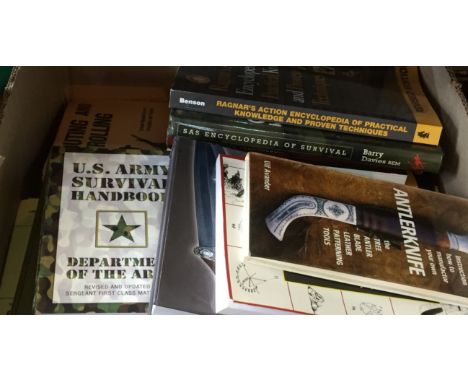 A collection of books on survival techniques and knives comprising S.A.S. encyclopedia of survival, the complete encyclopedia