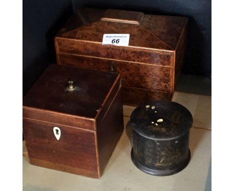 A Georgian burr walnut veneered tea caddy of rectangular form together with a mahogany tea caddy and a papier-mache cylindric