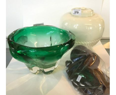 A mixed collection of items to include a Whitefriars Meadow Green Molar bowl, a carved wooden figure and carved wooden box an