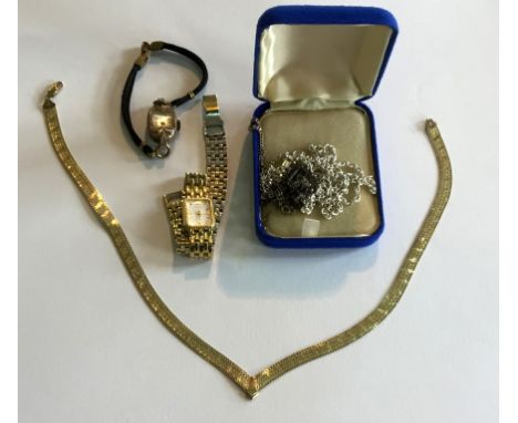A mixed lot of assorted jewellery items to include a 9ct gold ladies necklace, approx 10.8gms, Rotary ladies wristwatch, furt