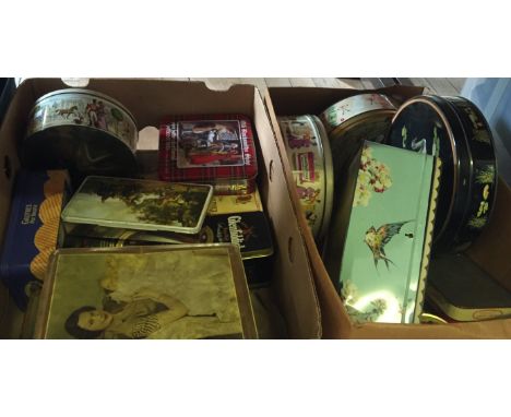 Two boxes of assorted vintage tins to include Bluebird Toffee, Huntley & Palmer biscuits, etc.