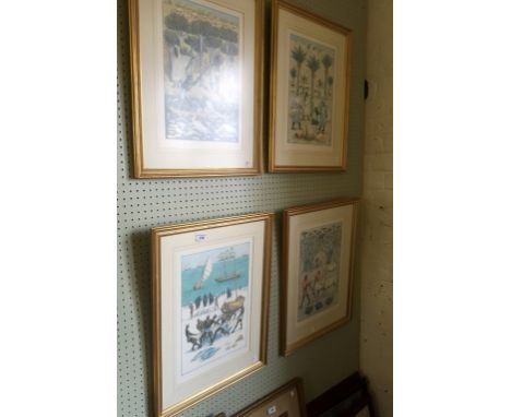 Four assorted pencil signed limited edition prints depicting Eastern figures harbour scene, hunting, etc. 