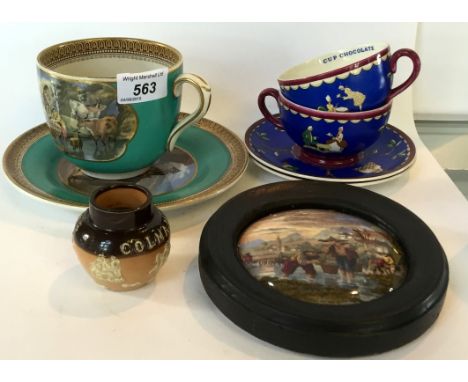 A mixed collection of ceramics to include a framed Pratt ware pot lid 'Transplanting Rice', together with a Doulton Lambeth r