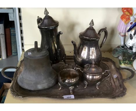 A vintage brass bell together with a reproduction silver-plated five piece coffee service comprising coffee pots, hot water j