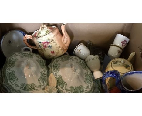 Three boxes of miscellaneous ceramics and glassware to include an Art Deco glass light shade, assorted Victorian tableware, c