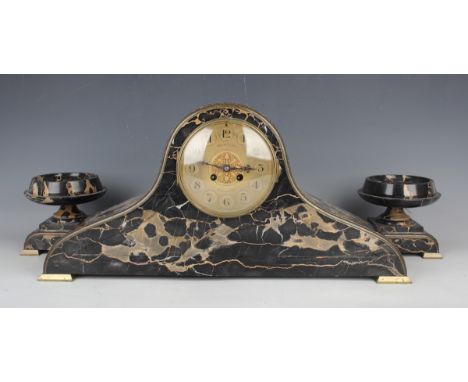 A late 19th century French veined black marble clock garniture, the clock with eight day movement striking on a bell, the gil