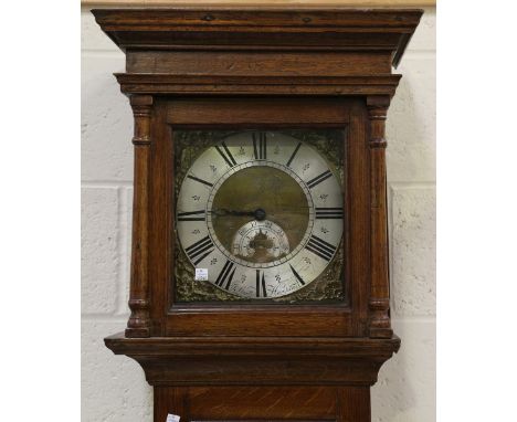 A late 18th century oak longcase clock with thirty hour movement striking on a bell via an outside countwheel, the 11-inch sq