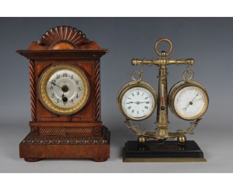 A late 19th century French brass novelty timepiece and aneroid barometer, the timepiece with platform escapement, both circul