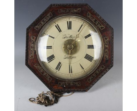 A 19th century Black Forest brass inlaid rosewood octagonal cased alarm wall clock, the weight driven movement with wooden pl