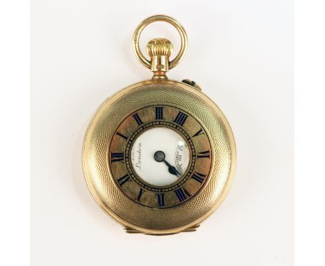 A J.W. Benson London 9ct gold keyless wind half hunting cased lady's fob watch, the gilt three-quarter plate lever movement d