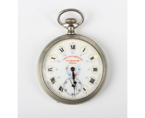 A base metal cased keyless wind open-faced gentleman's pocket watch with gilt jewelled lever movement, the enamelled dial det