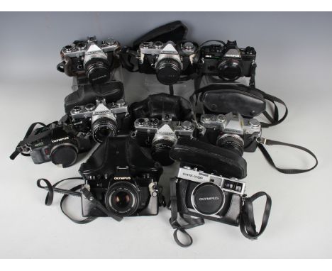 A collection of ten Olympus cameras, including M-1 with Zuiko Auto-S 1:1.4 50mm lens, three OM-1 cameras with Zuiko 50mm 1:1.