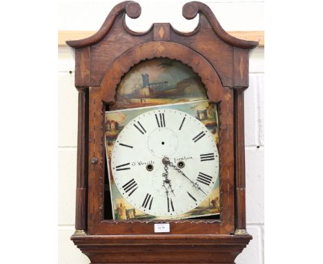 An early to mid-19th century oak and mahogany crossbanded longcase clock with eight day movement striking on a bell, the 12-i