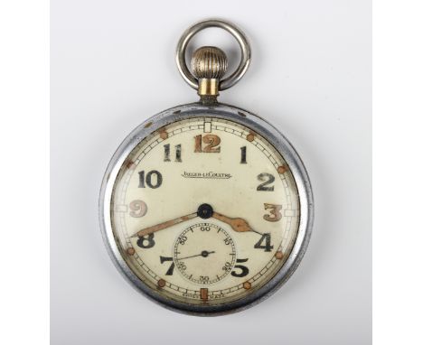 A Jaeger-LeCoultre chrome plated base metal cased MoD issue keyless wind open-faced gentleman's pocket watch, the signed dial