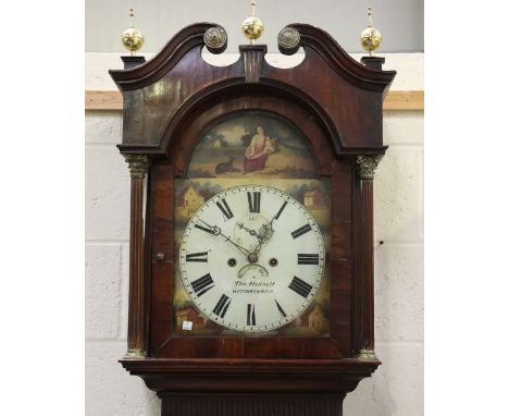 A George III mahogany longcase clock with eight day movement striking on a bell, the 13-inch painted breakarch dial with subs