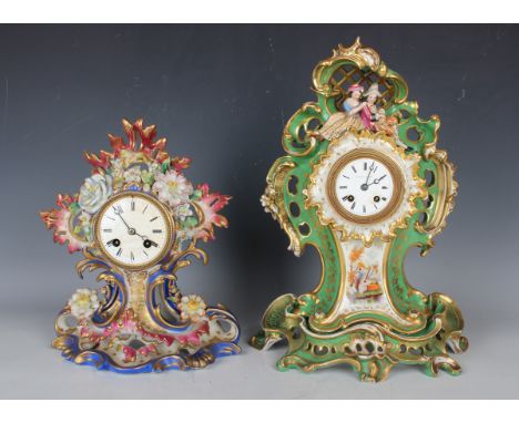 A mid-19th century French Paris porcelain mantel clock and stand with eight day movement striking on a bell via an outside co