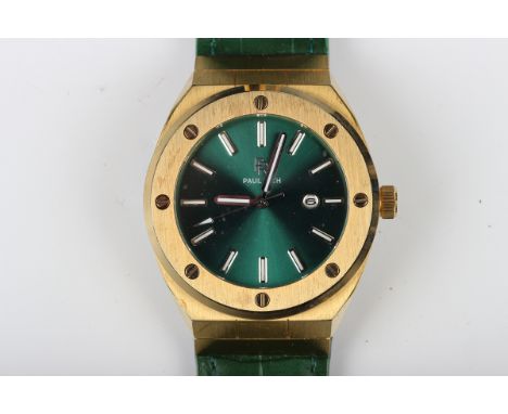 A Paul Rich gilt metal fronted and stainless steel backed gentleman's wristwatch, the signed metallic green dial with baton h