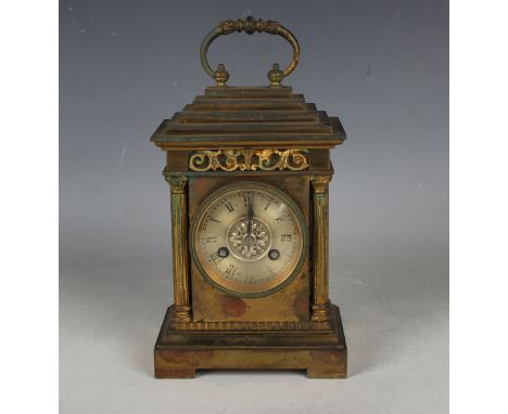 A late 19th/early 20th century French brass cased mantel clock, the eight day movement with platform escapement striking hour