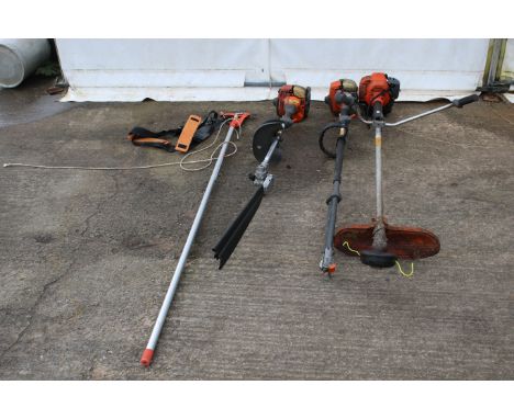 An assortment of petrol powered Husqvarna garden equipment. Comprising two strimmers, one hedge cutting tool, plus harness et