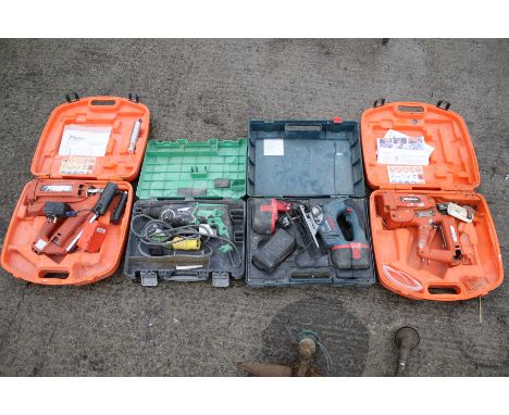 Four assorted power tools. Including Bosch cordless jigsaw 24v, a Hitachi Rotary Hammer drill, 110v and two Paslode Impulse n