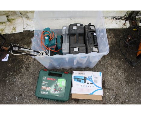 A collection of power tools. Including JCB cased drill, bosch jigsaw, Black & Decker sander etc