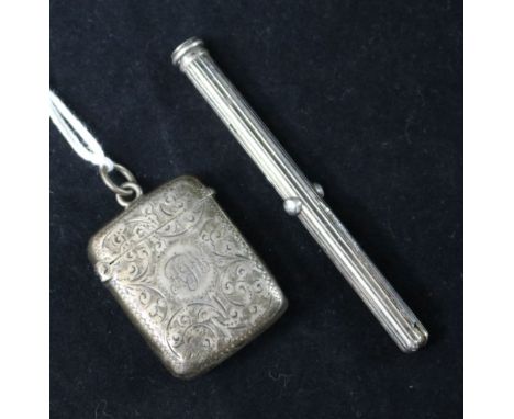 A Victorian silver combination propelling pencil/pen/penknife and a silver vesta case.