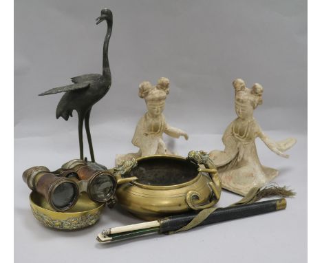 A bronze censer, a chopstick case and a pair of Tang dynasty kneeling figures