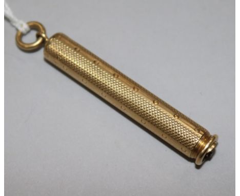 A late Victorian Sampson Mordan gold overlaid propelling pen/pencil, with barrel inscription, closed 52mm.