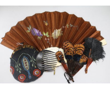 A 1940's beaded evening bag, two feather fans, tortoiseshell hair slide/comb and a silk fan