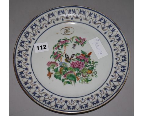 A Chinese famille rose plate, Daoguang period, a pair of early gilt and floral Crown Derby plates and a ceramic tray