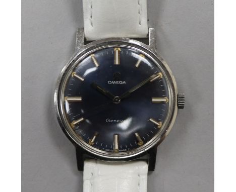 A gentleman's early 1970's stainless steel Omega manual wind wrist watch with blue dial.
