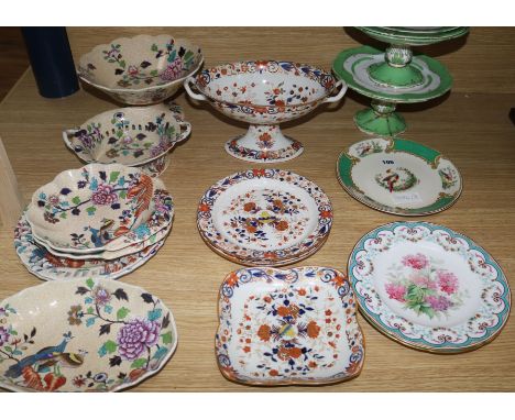 A Wedgwood creamware part dessert service, a Spode part dessert service and four plates with turquoise borders