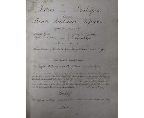 Bellamy, Joseph - Letters and Dialogues between Theron, Paulinus and Aspasio, upon Love of God ..., a bound manuscript by an 