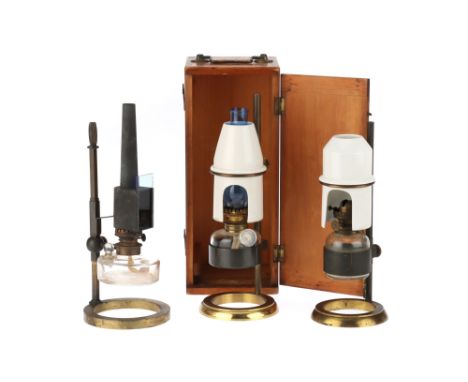 A Collection of 3 Microscope Oil Lamps, including an oil lamp in a pine case with ceramic shade and blue glass chimney, unsig