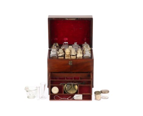 A 19th Century Domestic Medicine Chest, English, mahogany trunk-type chest with brass fitting, velvet lining to the interior,