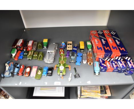 A shelf of playworn Die-casts including Dinky 351 UFO Interceptor with Rocket, Polistil Rolls Royce, Lledo Record Cars along 