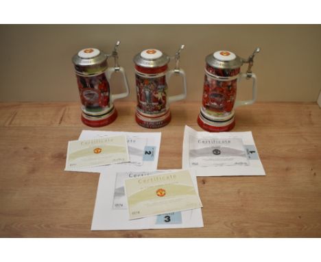 Three Danbury Mint Collectors Ceramic Steins, Manchester United, FA Cup Winners Old Trafford Winners with certificate, inner 