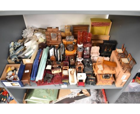 A large collection of modern Dolls House Furniture and Accessories, many pieces seen, mixed scales, Dolls, Clothing also seen