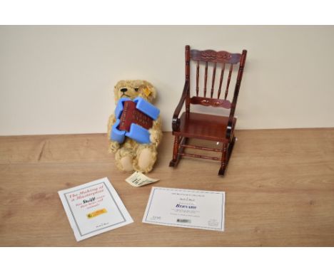 A modern Steiff/Danbury Mint Bear, 654848 Bernard with Rocking Chair, with yellow tag and button, in card box with internal p